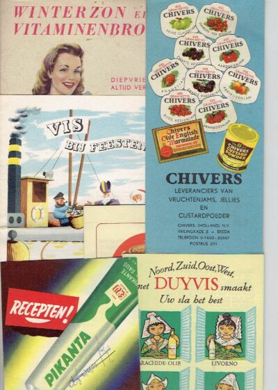 Six Dutch Food advertising leaflets - Vis bij feesten - Bedrijfschap voor visserijproducten / Chivers / Duyvis / Haust / Pikanta - Eru Kaasfabriek /  Winterzon een vitaminebron - receptenboekje. FOOD ADVERTISING LEAFLETS