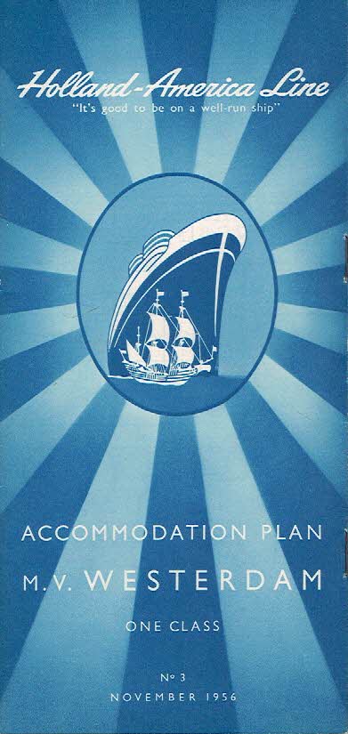 Accomodation Plan M.V. Westerdam - One Class - No. 3 - November 1956. HOLLAND-AMERICA LINE